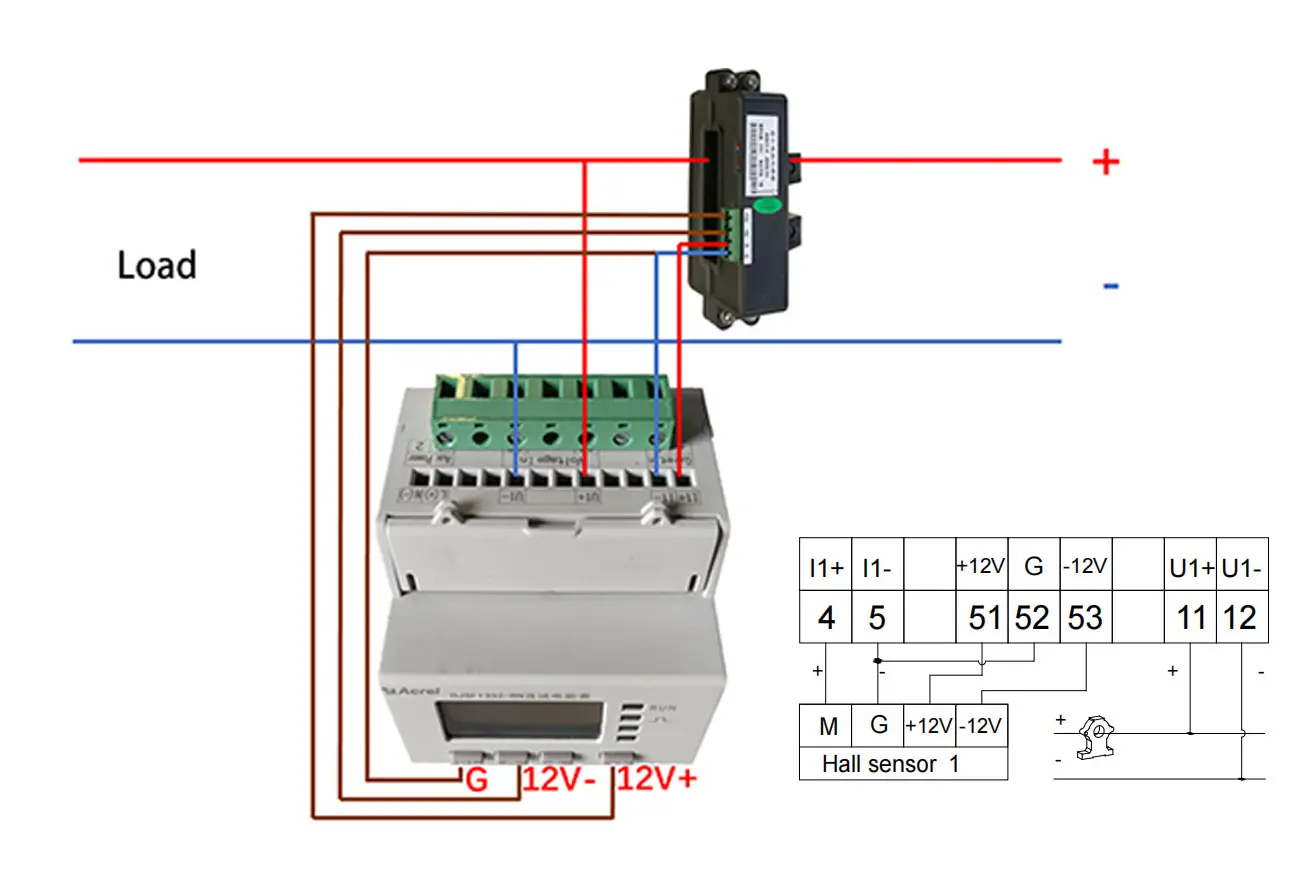 Wiring of DJSF1352-RN DC Multi-function&nbsp;Energy Meter with Hall Sensor