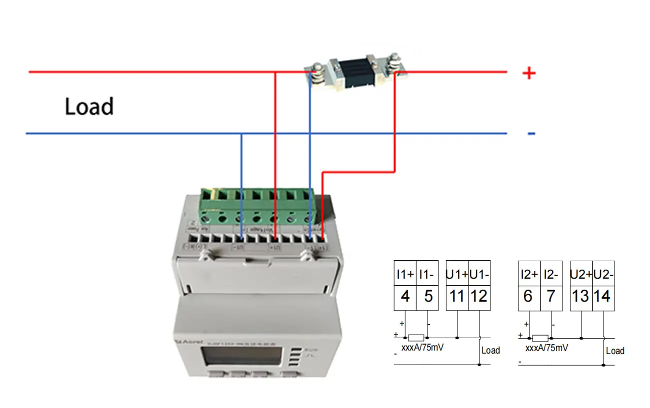 Wiring of DJSF1352-RN DC Multi-function&nbsp;Energy Meter with shunt